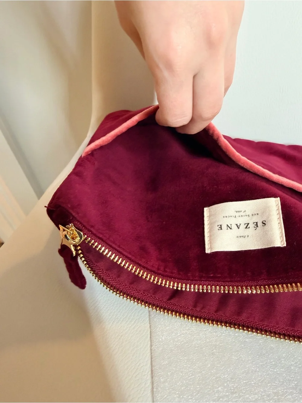 NWT Sézane Burgundy Cotton Velvet Zip Flat Pouch Makeup Bag with Pink Trim